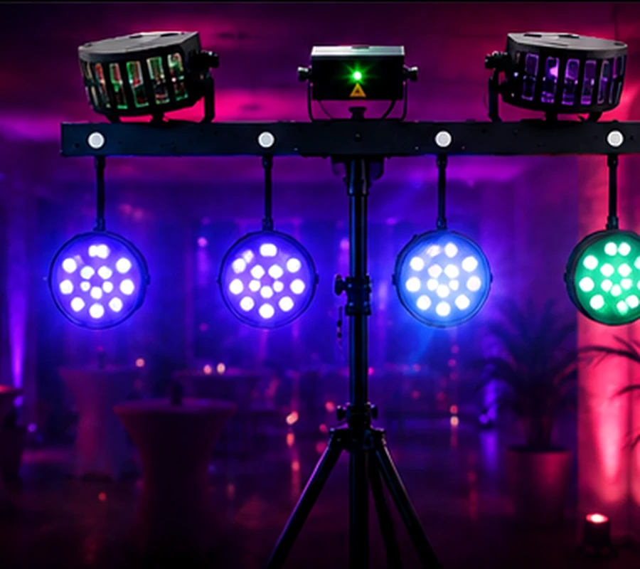 Complete party lichtset op statief met vier LED-spots en lichteffecten